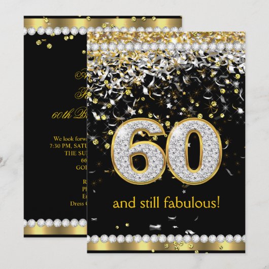 華やか60歳のお祝いに ゴールド シルバー ストリーマー 60歳の誕生日会 招待状 (正面/裏面)