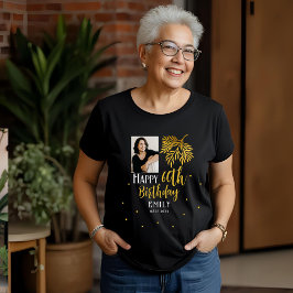 華やか60歳の誕生日 ゴールドの葉っぱ 写真パーティー トライブレンドTシャツ