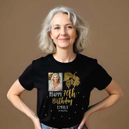 華やか70歳の誕生日 ゴールドの葉っぱ 写真パーティー トライブレンドTシャツ