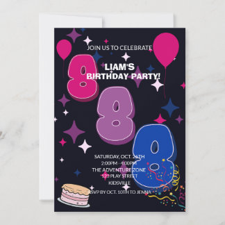華やか8歳の誕生日 | ピンク ブルー コンフェティ 招待状