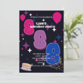 華やか8歳の誕生日 | ピンク ブルー コンフェティ 招待状 (スタンド正面)