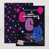華やか 6歳の誕生日 | ピンク ブルー コンフェティ 招待状 (正面/裏面)