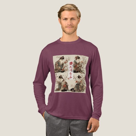「華やぎ満開」日本の着物姿の猫アート トライブレンドＴシャツ (正面全体)
