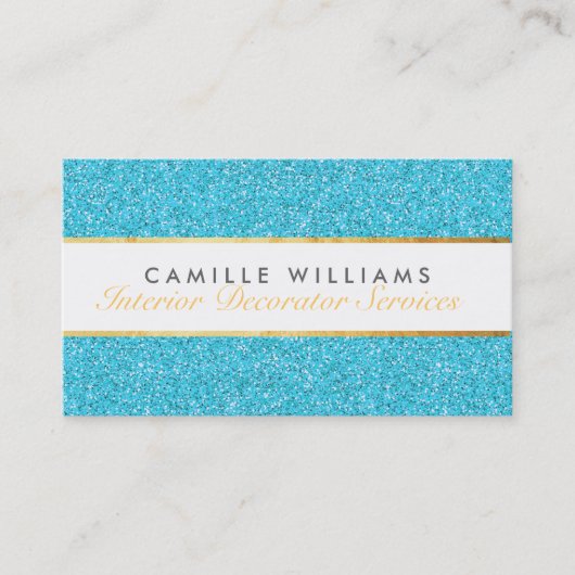 華エレガントやかな金ゴールドフォイルグリッターブルー 名刺 (正面)