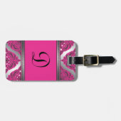 華美なダマスク織のピンク、黒、銀 ラゲッジタグ (正面横)