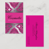 華美なダマスク織のピンク、黒、銀 名刺 (正面/裏面)