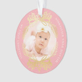 華美なピンク及び金ゴールドの頂上|のベビーの初めてのクリスマス オーナメント (正面)