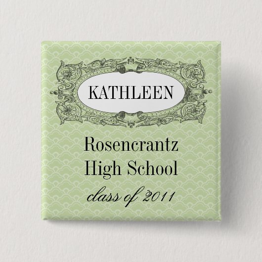 華美なフレームのセージグリーンの卒業 缶バッジ (正面)