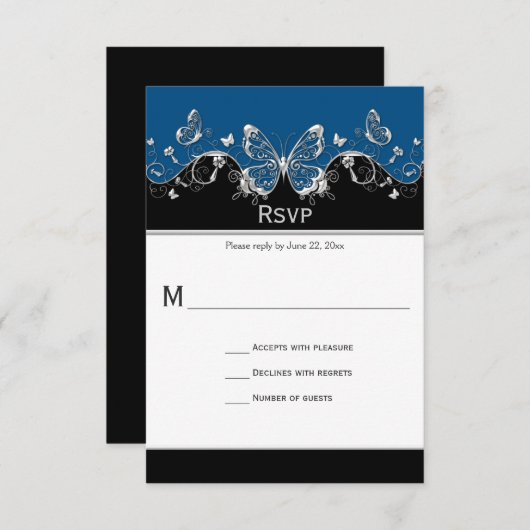 華美な暗藍色の銀の蝶RSVP 出欠カード (正面/裏面)