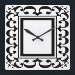 華美な白黒フレームクロック スクエア壁時計<br><div class="desc">このエレガントで、装飾的な白黒時計は中央広場を囲む華美で抽象的なcurlicueパターンを特色にします。</div>
