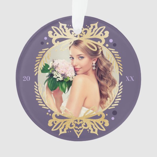 華美な紫色の金ゴールドの氏及び夫人初めてのクリスマスの写真 オーナメント (正面)