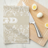 華美な花のアールヌーボーパターンベージュ色モノグラム キッチンタオル (四つ折り)