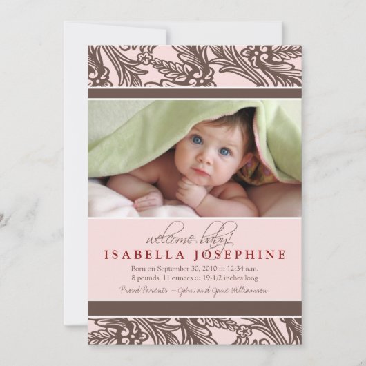 華美な花のベビーの誕生の発表(ピンク) 案内状 (正面)