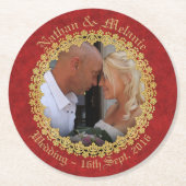 華美な赤および金ゴールド ラウンドペーパーコースター (正面)