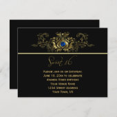 華美な金ゴールドの黒は青い宝石の菓子16渦巻きます 招待状 (正面/裏面)