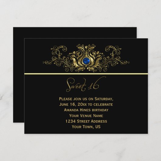 華美な金ゴールドの黒は青い宝石の菓子16渦巻きます 招待状 (正面/裏面)