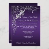 華美な銀製の花柄第25の暗い紫色は渦巻きます 招待状 (正面/裏面)