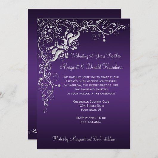 華美な銀製の花柄第25の暗い紫色は渦巻きます 招待状 (正面/裏面)