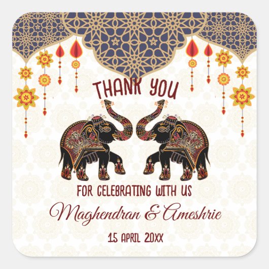 華美インディアンゾウ結婚インディアンパーソナライズされた スクエアシール (正面)
