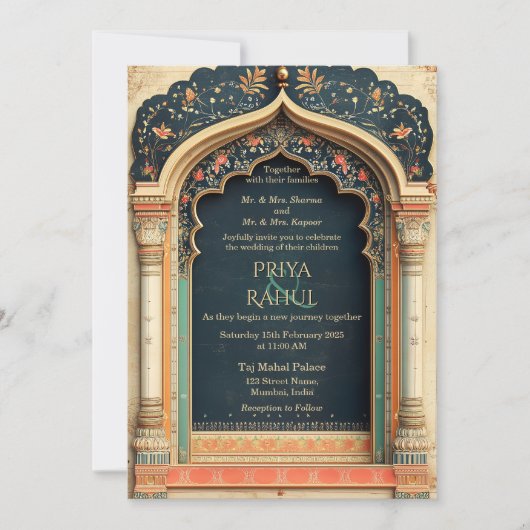 華美エレガントヴィンテージ金ゴールドフローラ結婚インディアン 招待状 (正面)