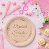 華美エレガント縁どコーラルピーチ&金ゴールド結婚ズ ペーパープレート (パーティー)