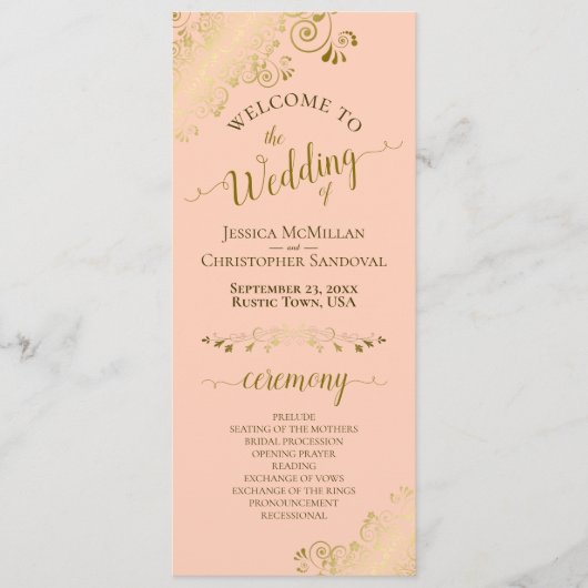 華美エレガント金ゴールドレースオンコーラルピーチ結婚ズ プログラム (正面)