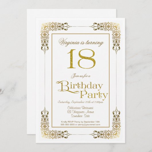華美エレガント金ゴールドレース18thバースデーパーティー 招待状 (正面/裏面)