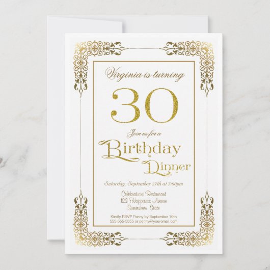 華美エレガント金ゴールドレース30th誕生日ディナー 招待状 (正面)