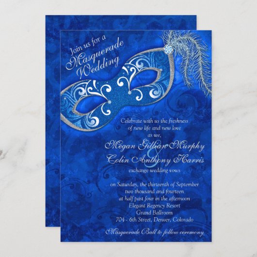 華美コバルトブルー銀の仮装ボール結婚ズ 招待状 (正面/裏面)