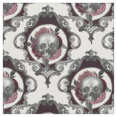 華美スカルと花 – 白 ファブリック (クローズアップ)