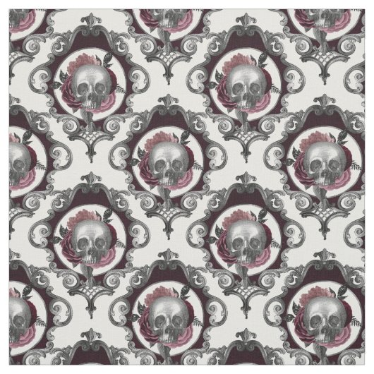 華美スカルと花 – 白 ファブリック (見本)