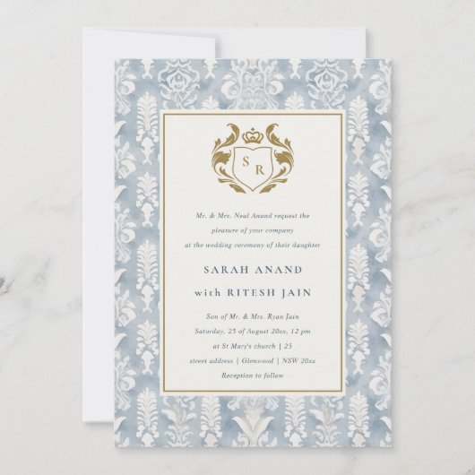 華美ダスキーブルー金ゴールドダマスクウォーター結婚カラー 招待状 (正面)