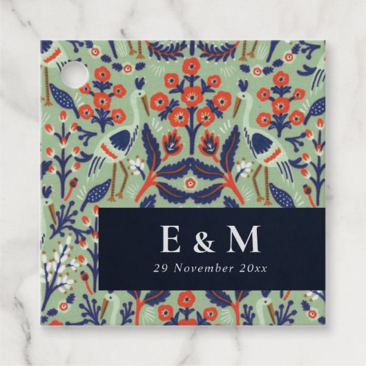 華美ティール（緑がかった色）ネイビークラスフローラピーコック結婚ズ フェイバータグ (正面)