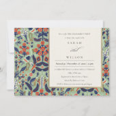 華美ティール(緑がかった色)ネービークラシーフローラピーコック婚約 招待状 (正面)