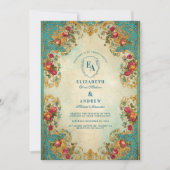 華美ティール(緑がかった色)及び金ゴールド庭園の結婚式 招待状 (正面)
