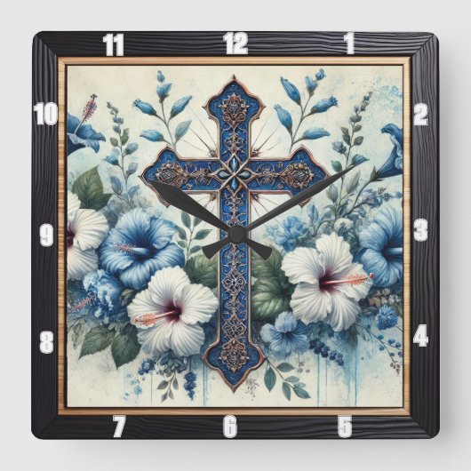華美ハイビスカス スクエア壁時計 (正面)