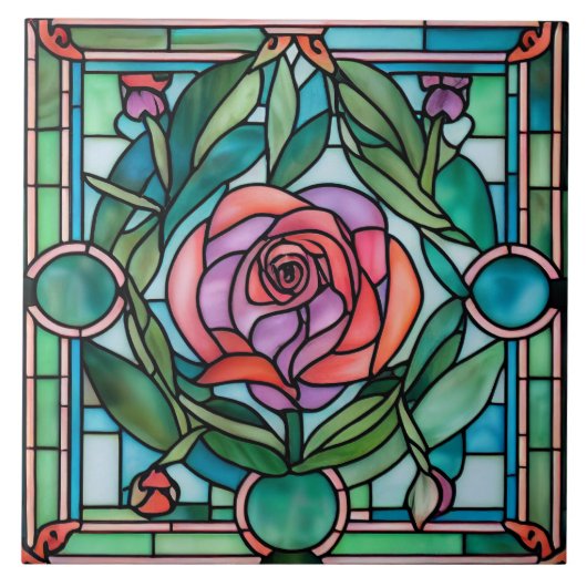 華美バラ葉リースステンドグラススタイル タイル (正面)