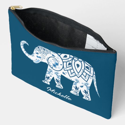 華美パターン（の模様が）あるゾウパーソナライズされた アクセサリーポーチ (見開き)