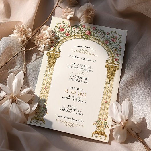 華美ビクトリアン金ゴールドアーチ&ピンクローズ結婚ズ 招待状