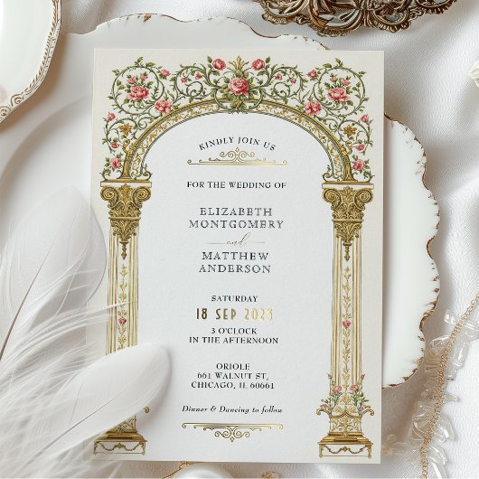 華美ビクトリアン金ゴールドアーチ&ピンクローズ結婚ズ 箔招待状
