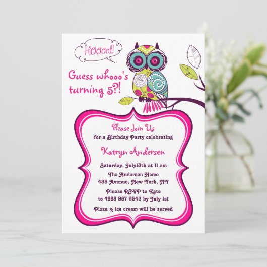 華美フローラフクロウ熱ピンク子供の誕生日パーティー 招待状 (スタンド正面)