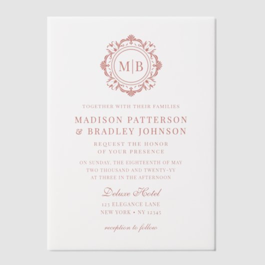 華美フローラモノグラ結婚ムのバラエレガント金ゴールド ベラム紙招待状 (正面)