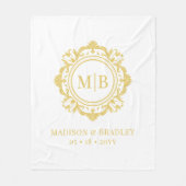 華美フローラモノグラ結婚ムの金ゴールドエレガントホワイト フリースブランケット (正面)