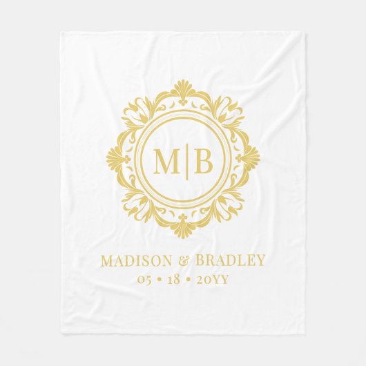 華美フローラモノグラ結婚ムの金ゴールドエレガントホワイト フリースブランケット (正面)