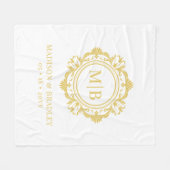 華美フローラモノグラ結婚ムの金ゴールドエレガントホワイト フリースブランケット (正面(横))