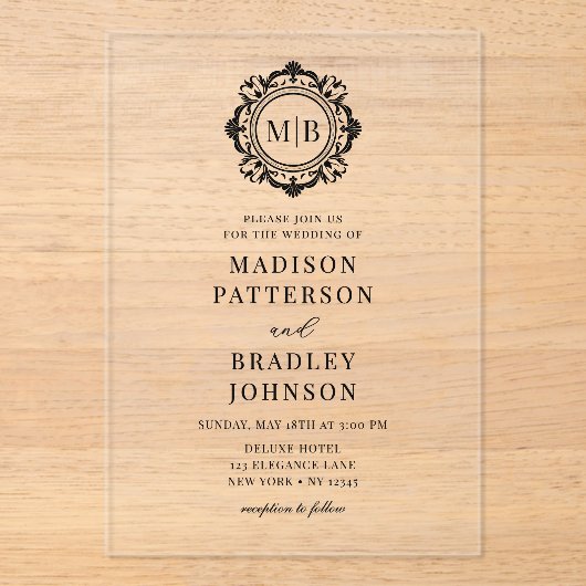 華美フローラモノグ結婚ラムエレガントブラック アクリル招待状 (正面)