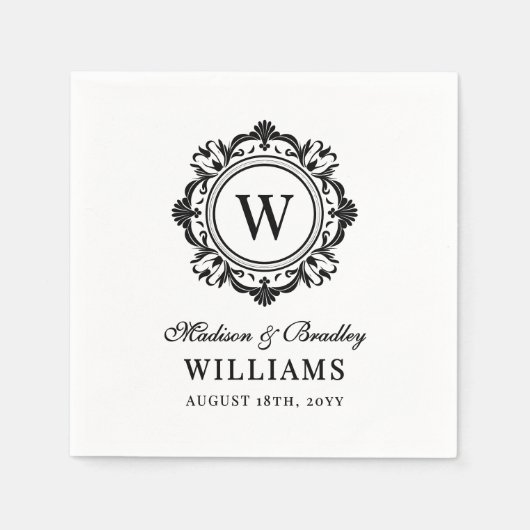華美フローラモノグ結婚ラムエレガント白黒 スタンダードカクテルナプキン (正面)