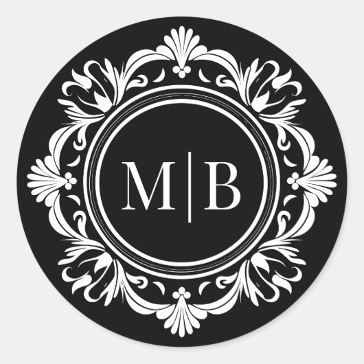 華美フローラモノグ結婚ラムエレガント白黒 ラウンドシール (正面)
