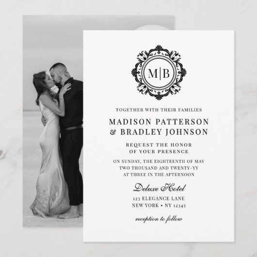 華美フローラモノグ結婚ラムエレガント白黒 招待状 (正面/裏面)