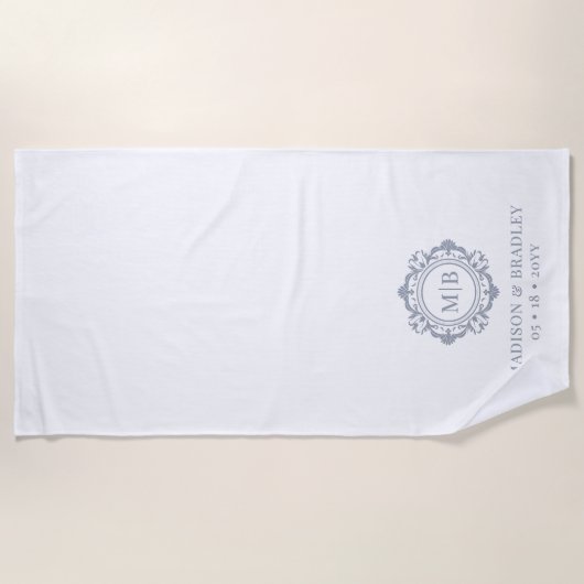 華美フローラモノグ結婚ラムエレガント銀 ビーチタオル (正面)